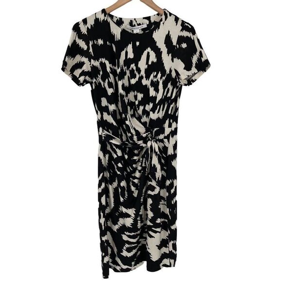 Diane Von Furstenberg Zoe 100% Silk Sheath Dress Flower Ikat Black Ivory Size 10 - Picture 4 of 14